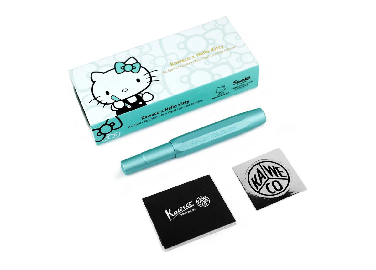 Limited Edition Kaweco x Hello Kitty AL Sport Fountain Pen - Opal with Silver Trimmings


Hello Kitty meets Kaweco again to bring you the Limited Edition Kaweco AL Sport Fountain Pen. The aluminum body and cap are shaded in a unique Opal color. The cap features a Kaweco x Hello Kitty branding, and the silver-plated nib is engraved with Hello Kitty's adorable face.