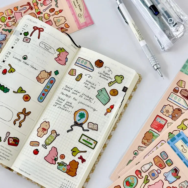 Cute deco stickers! Comes with an adorable, interactive pop-up art using the sticker backing.

Great for journaling and Polaroid deco :)

Waterproof, matte PVC material

Size: 7.5 x 15.5 cm sheet