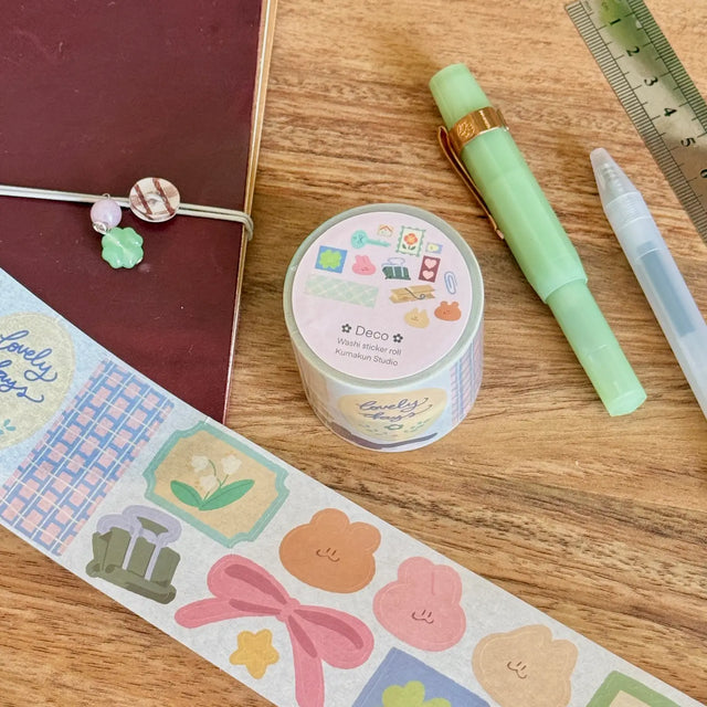 5 meters of pure kiss-cut, washi sticker deco bliss~

They readjust easily and blend in with the paper. (Lighter paper recommended for maximum visibility)

Just like the washi tape material you love, but in a sticker roll. No more saving your stickers for later! Use it up!!

Dimensions: 50mm x 5m