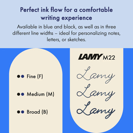 The LAMY M 22 metal ballpoint refill ensures smooth, consistent writing and a precise, refined writing style – perfect for everyday use.&nbsp;Available in blue and black – ideal for personalizing notes, letters, or sketches.

Compact ballpoint pen refill for LAMY pico and LAMY scribble / waterproof.

Includes 1 refill.&nbsp;