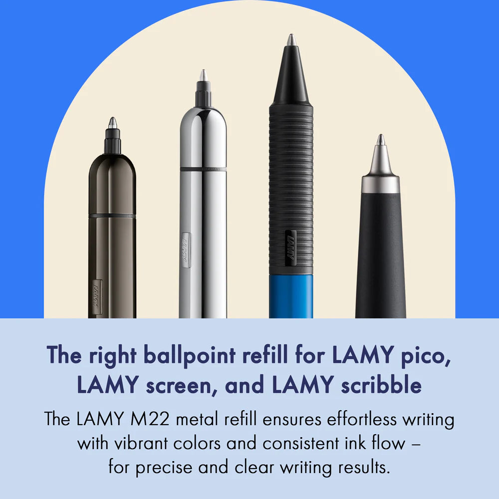 The LAMY M 22 metal ballpoint refill ensures smooth, consistent writing and a precise, refined writing style – perfect for everyday use.&nbsp;Available in blue and black – ideal for personalizing notes, letters, or sketches.

Compact ballpoint pen refill for LAMY pico and LAMY scribble / waterproof.

Includes 1 refill.&nbsp;