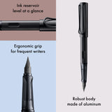 Light, lighter, LAMY AL-star: the writing classic made of resistant aluminium masters all challenges of everyday life in style. The transparent grip lies comfortably in the hand and, with an unobstructed view of the ink duct, turns the functional into a visual highlight. The series is ever inspiring with new special editions in current trendy colours and is thus an inspiring must-have in any pencil case.

Lightweight fountain pen with polished steel nib and ergonomic grip made of high-quality transparent pl