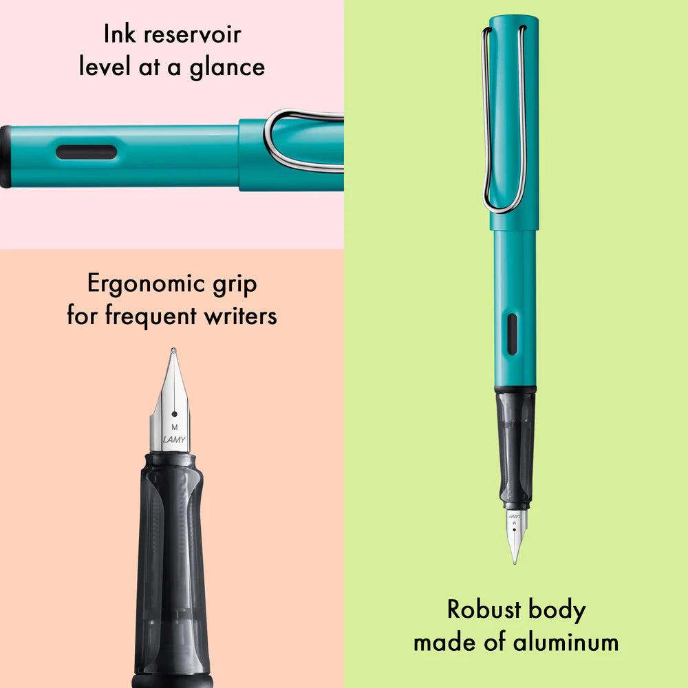 Light, lighter, LAMY AL-star: the writing classic made of resistant aluminium masters all challenges of everyday life in style. The transparent grip lies comfortably in the hand and, with an unobstructed view of the ink duct, turns the functional into a visual highlight. The series is ever inspiring with new special editions in current trendy colours and is thus an inspiring must-have in any pencil case.

Lightweight fountain pen with polished steel nib and ergonomic grip made of high-quality transparent pl