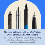 The LAMY M 22 metal ballpoint refill ensures smooth, consistent writing and a precise, refined writing style – perfect for everyday use.&nbsp;Available in blue and black – ideal for personalizing notes, letters, or sketches.

Compact ballpoint pen refill for LAMY pico and LAMY scribble / waterproof.

Includes 1 refill.&nbsp;