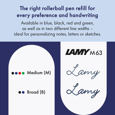 The LAMY M 63 metal rollerball refill ensures smooth, consistent writing and a precise, refined finish – perfect for everyday use. Available in blue and black for a medium line width – ideal for personalizing notes, letters, or sketches.

Refill for rollerball pens with cap.

Includes 1 refill.&nbsp;