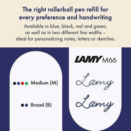The LAMY M 66 metal rollerball refill ensures smooth, consistent writing and a precise, refined finish – perfect for everyday use. Available in blue and black for a medium line width – ideal for personalizing notes, letters, or sketches.

Refill for rollerball pens without cap and LAMY imporium.

Includes 1 refill.&nbsp;