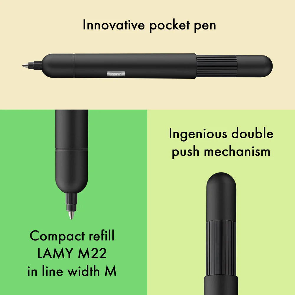 Innovative pocket pen full of transformative power.

The LAMY pico reaches unimagined greatness under pressure: the innovative pocket pen transforms into a full-size biro with just one finger movement thanks to an ingenious double push mechanism inside. Strikingly different and surprising, it brings a piece of innovation to even the smallest pencil case or even trouser pocket as a handy everyday companion.&nbsp;

Matte black lacquer finish&nbsp;with 1 refill of LAMY M 22 M black