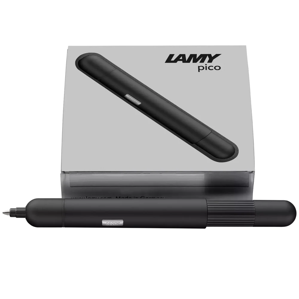 Innovative pocket pen full of transformative power.

The LAMY pico reaches unimagined greatness under pressure: the innovative pocket pen transforms into a full-size biro with just one finger movement thanks to an ingenious double push mechanism inside. Strikingly different and surprising, it brings a piece of innovation to even the smallest pencil case or even trouser pocket as a handy everyday companion.&nbsp;

Matte black lacquer finish&nbsp;with 1 refill of LAMY M 22 M black