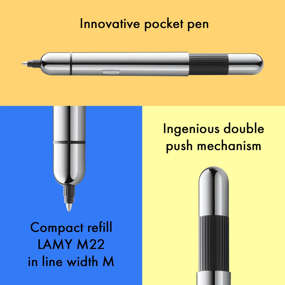 Innovative pocket pen full of transformative power.

The LAMY pico reaches unimagined greatness under pressure: the innovative pocket pen transforms into a full-size biro with just one finger movement thanks to an ingenious double push mechanism inside. Strikingly different and surprising, it brings a piece of innovation to even the smallest pencil case or even trouser pocket as a handy everyday companion.&nbsp;

Chrome finish&nbsp;with 1 refill of LAMY M 22 M black
