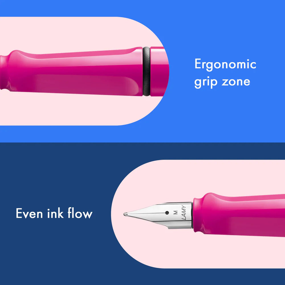 Fountain pen, icon, global success: the LAMY safari has been a beloved classic since its introduction in the 1980s and enjoys a cult status untypical for a writing instrument. Countless colours and ever-changing special editions make hearts beat faster - whether for the pencil case or the carefully curated fountain pen collection.

The LAMY safari is more than the sum of its details: it is aesthetic, robust and individual. The distinctive, self-sprung clip keeps the writing instrument securely fastened in p