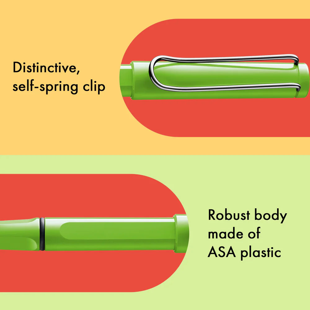 Fountain pen, icon, global success: the LAMY safari has been a beloved classic since its introduction in the 1980s and enjoys a cult status untypical for a writing instrument. Countless colours and ever-changing special editions make hearts beat faster - whether for the pencil case or the carefully curated fountain pen collection.

The LAMY safari is more than the sum of its details: it is aesthetic, robust and individual. The distinctive, self-sprung clip keeps the writing instrument securely fastened in p