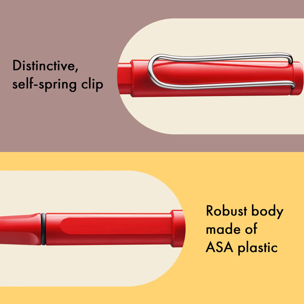 Fountain pen, icon, global success: the LAMY safari has been a beloved classic since its introduction in the 1980s and enjoys a cult status untypical for a writing instrument. Countless colours and ever-changing special editions make hearts beat faster - whether for the pencil case or the carefully curated fountain pen collection.

The LAMY safari is more than the sum of its details: it is aesthetic, robust and individual. The distinctive, self-sprung clip keeps the writing instrument securely fastened in p