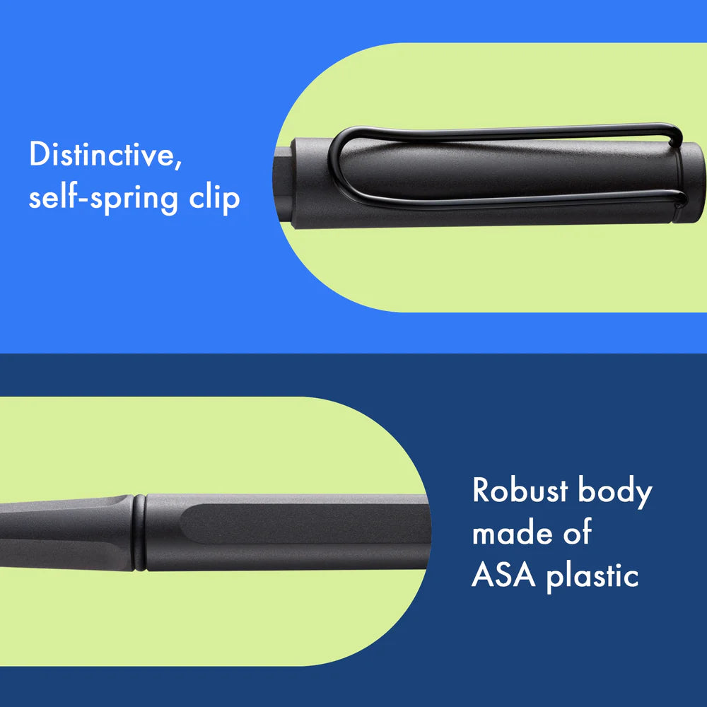 Fountain pen, icon, global success: the LAMY safari has been a beloved classic since its introduction in the 1980s and enjoys a cult status untypical for a writing instrument. Countless colours and ever-changing special editions make hearts beat faster - whether for the pencil case or the carefully curated fountain pen collection.

The LAMY safari is more than the sum of its details: it is aesthetic, robust and individual. The distinctive, self-sprung clip keeps the writing instrument securely fastened in p