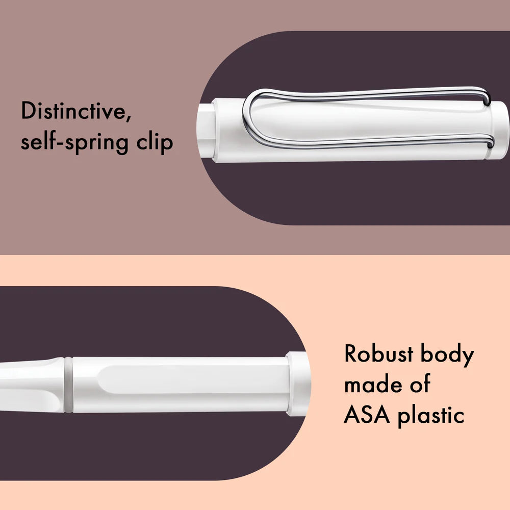 Fountain pen, icon, global success: the LAMY safari has been a beloved classic since its introduction in the 1980s and enjoys a cult status untypical for a writing instrument. Countless colours and ever-changing special editions make hearts beat faster - whether for the pencil case or the carefully curated fountain pen collection.

The LAMY safari is more than the sum of its details: it is aesthetic, robust and individual. The distinctive, self-sprung clip keeps the writing instrument securely fastened in p