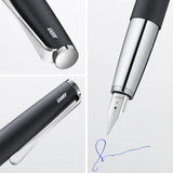 The LAMY studio convinces with timeless elegance and a universal design. The slightly curved, slim shape of its all-metal body seamlessly emerges from the individual case parts and is deliberately minimalist. The gentle curvature and harmonious proportions make the clip the trademark of the LAMY studio: it contrasts the matter-of-fact basic shape with an innovative design accent and creates a unique overall appearance.

The LAMY studio is assembled by hand at the LAMY craftsman's workshop in Heidelberg. In 