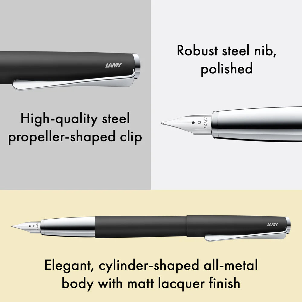 The LAMY studio convinces with timeless elegance and a universal design. The slightly curved, slim shape of its all-metal body seamlessly emerges from the individual case parts and is deliberately minimalist. The gentle curvature and harmonious proportions make the clip the trademark of the LAMY studio: it contrasts the matter-of-fact basic shape with an innovative design accent and creates a unique overall appearance.

The LAMY studio is assembled by hand at the LAMY craftsman's workshop in Heidelberg. In 