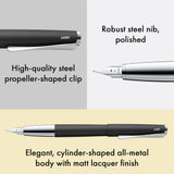 The LAMY studio convinces with timeless elegance and a universal design. The slightly curved, slim shape of its all-metal body seamlessly emerges from the individual case parts and is deliberately minimalist. The gentle curvature and harmonious proportions make the clip the trademark of the LAMY studio: it contrasts the matter-of-fact basic shape with an innovative design accent and creates a unique overall appearance.

The LAMY studio is assembled by hand at the LAMY craftsman's workshop in Heidelberg. In 