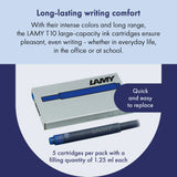 With their intense colors and long range, the LAMY T10 large capacity ink cartridges ensure pleasant, even writing - whether in everyday life, in the office, or at school. The ink cartridges offer an even flow and provide a smooth, precise writing experience for stylish writing without scratches. These ink cartridges fit all Lamy fountain pens, except the LAMY 2000.

Includes 5 cartridges with a 1.25ml capacity in each pack.