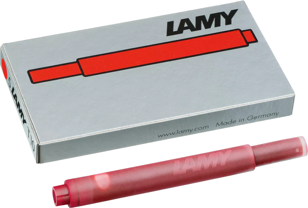 With their intense colors and long range, the LAMY T10 large capacity ink cartridges ensure pleasant, even writing - whether in everyday life, in the office, or at school. The ink cartridges offer an even flow and provide a smooth, precise writing experience for stylish writing without scratches. These ink cartridges fit all Lamy fountain pens, except the LAMY 2000.

Includes 5 cartridges with a 1.25ml capacity in each pack.