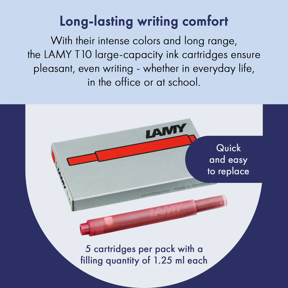 With their intense colors and long range, the LAMY T10 large capacity ink cartridges ensure pleasant, even writing - whether in everyday life, in the office, or at school. The ink cartridges offer an even flow and provide a smooth, precise writing experience for stylish writing without scratches. These ink cartridges fit all Lamy fountain pens, except the LAMY 2000.

Includes 5 cartridges with a 1.25ml capacity in each pack.