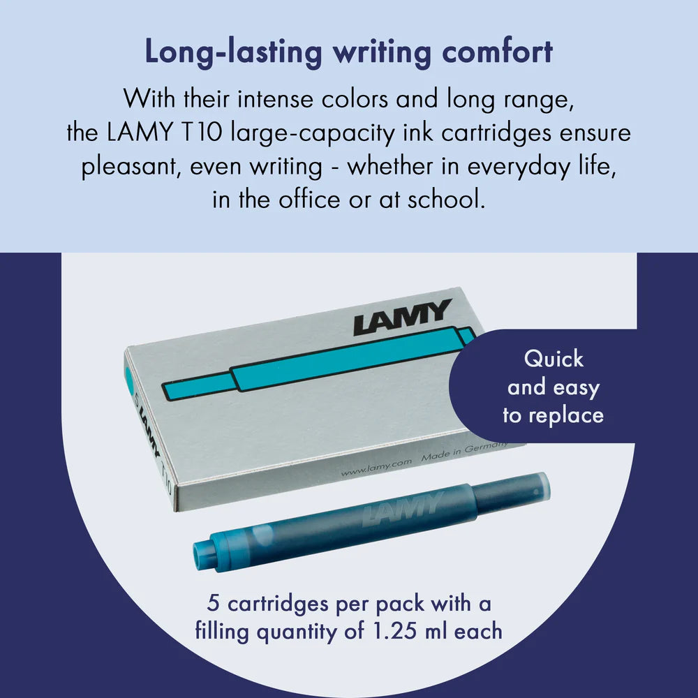 With their intense colors and long range, the LAMY T10 large capacity ink cartridges ensure pleasant, even writing - whether in everyday life, in the office, or at school. The ink cartridges offer an even flow and provide a smooth, precise writing experience for stylish writing without scratches. These ink cartridges fit all Lamy fountain pens, except the LAMY 2000.

Includes 5 cartridges with a 1.25ml capacity in each pack.