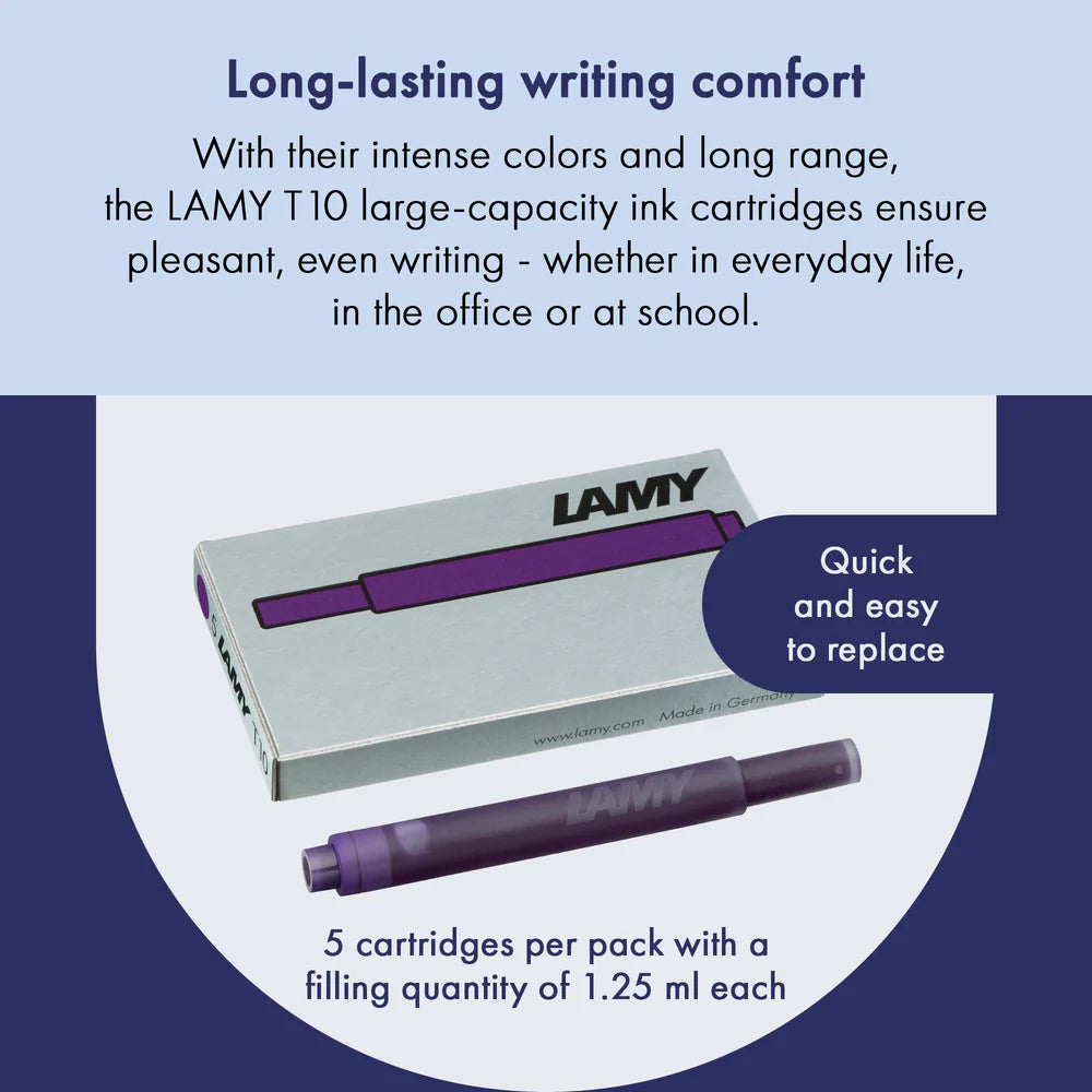 With their intense colors and long range, the LAMY T10 large capacity ink cartridges ensure pleasant, even writing - whether in everyday life, in the office, or at school. The ink cartridges offer an even flow and provide a smooth, precise writing experience for stylish writing without scratches. These ink cartridges fit all Lamy fountain pens, except the LAMY 2000.

Includes 5 cartridges with a 1.25ml capacity in each pack.