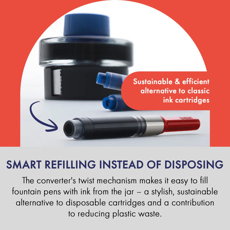 LAMY piston filled converter. The twist mechanism makes it easy to fill with your favorite bottled inks. This converter is good to be used with LAMY abc, safari, vista, joy, AL-star, Lx, nexx, nexx M.
