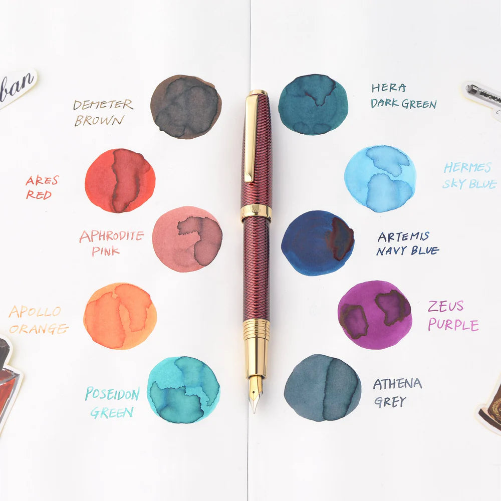 Immerse your writing in mythic beauty with Laban’s Greek Mythology fountain pen inks. Each 50ml bottle is inspired by the gods of Olympus, with packaging featuring beautifully illustrated deities holding pens.

There are two collections—Greek Mythology I and II—each with five richly saturated, pH-neutral, and fountain pen-friendly colors

Series I: Apollo Orange, Artemis Navy, Aphrodite Pink, Demeter Brown, Poseidon Green Series II: Ares Red, Hermes Sky-Blue, Athena Gray, Hera Dark-Green, Zeus Purple

Each 