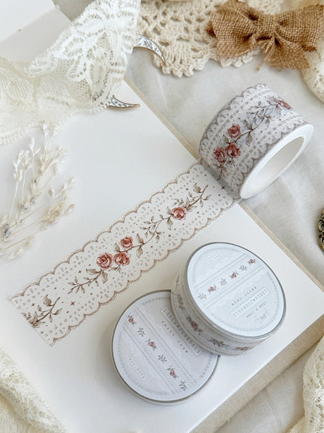 Cinta washi roja con encaje y rosas de 30 mm
