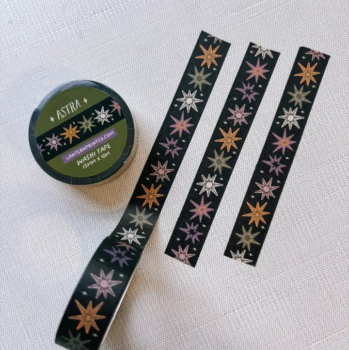 Removable Washi craft tape for journaling and crafting; featuring whimsical celestial stars.

15mm x 10m
Shrink wrap packaging with label