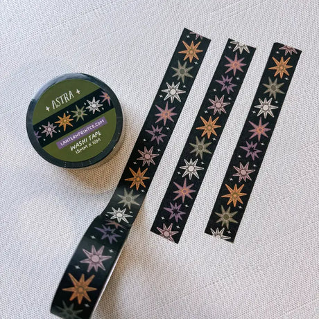 Removable Washi craft tape for journaling and crafting; featuring whimsical celestial stars.

15mm x 10m
Shrink wrap packaging with label