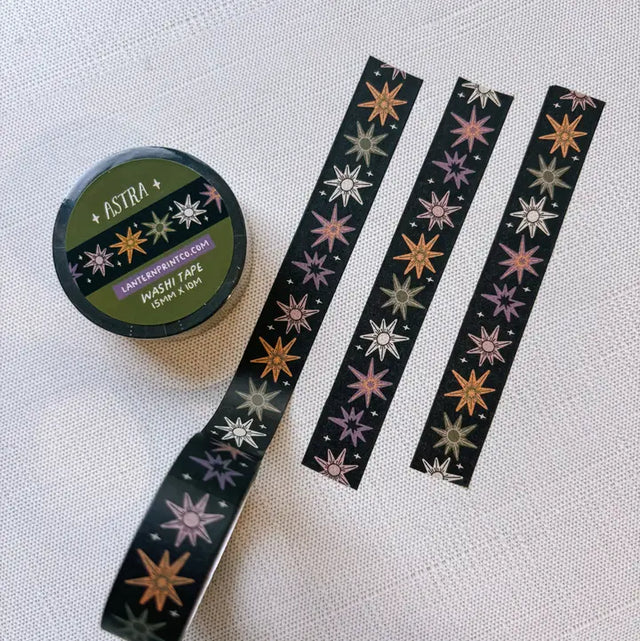Removable Washi craft tape for journaling and crafting; featuring whimsical celestial stars.

15mm x 10m
Shrink wrap packaging with label