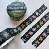 Removable Washi craft tape for journaling and crafting; featuring whimsical celestial stars.

15mm x 10m
Shrink wrap packaging with label