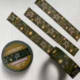 Removable Washi craft tape for journaling and gift wrapping; featuring dandelions and pentagrams on a dark green background.