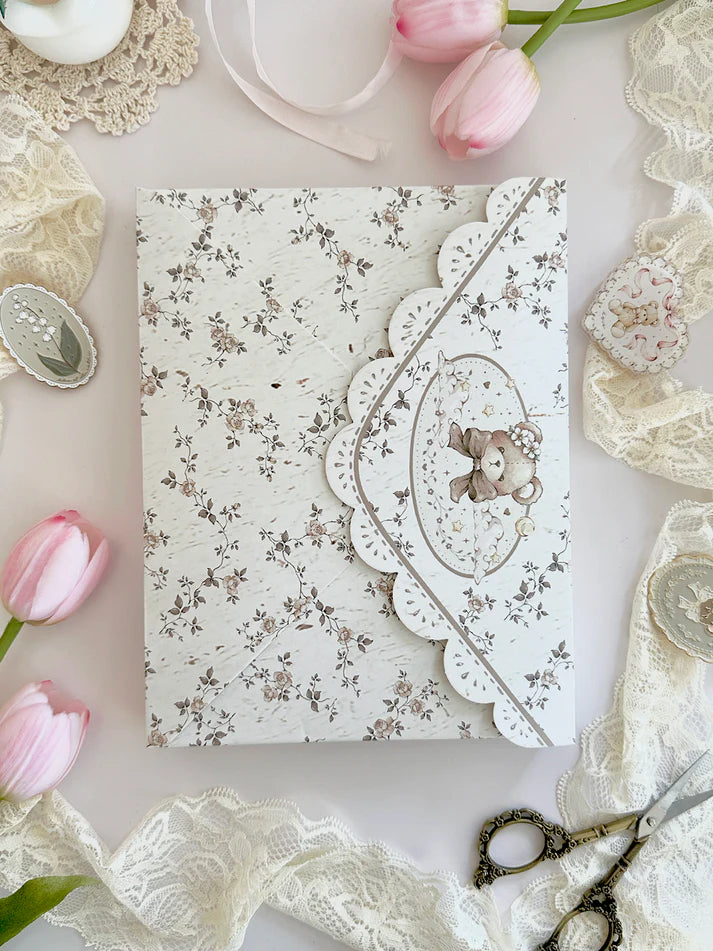 teddy bear&nbsp;notebook cover. sewn together with careful craftsmanship. cover is beige, soft, &amp; plush. it feels cozy &amp; comfy, like cuddling with a teddy bear in your pjs. lined with lace ruffles for that extra romantic touch. meant to protect your notebooks &amp; a keepsake for your beloved stationery :)

♡ size: standard B6 - around 127mm x 175mm (give or take a few mm)&nbsp;- reach out for your specific notebook! i will measure for you <3

♡ compatible with: all B6 sized leelajournals noteboo