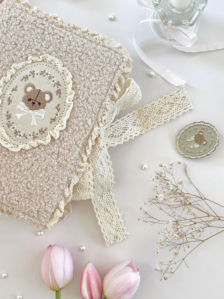 teddy bear&nbsp;notebook cover. sewn together with careful craftsmanship. cover is beige, soft, &amp; plush. it feels cozy &amp; comfy, like cuddling with a teddy bear in your pjs. lined with lace ruffles for that extra romantic touch. meant to protect your notebooks &amp; a keepsake for your beloved stationery :)

♡ size: standard B6 - around 127mm x 175mm (give or take a few mm)&nbsp;- reach out for your specific notebook! i will measure for you <3

♡ compatible with: all B6 sized leelajournals noteboo