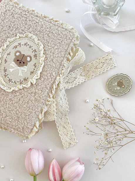 teddy bear&nbsp;notebook cover. sewn together with careful craftsmanship. cover is beige, soft, &amp; plush. it feels cozy &amp; comfy, like cuddling with a teddy bear in your pjs. lined with lace ruffles for that extra romantic touch. meant to protect your notebooks &amp; a keepsake for your beloved stationery :)

♡ size: standard B6 - around 127mm x 175mm (give or take a few mm)&nbsp;- reach out for your specific notebook! i will measure for you <3

♡ compatible with: all B6 sized leelajournals noteboo