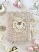 teddy bear&nbsp;notebook cover. sewn together with careful craftsmanship. cover is beige, soft, &amp; plush. it feels cozy &amp; comfy, like cuddling with a teddy bear in your pjs. lined with lace ruffles for that extra romantic touch. meant to protect your notebooks &amp; a keepsake for your beloved stationery :)

♡ size: standard B6 - around 127mm x 175mm (give or take a few mm)&nbsp;- reach out for your specific notebook! i will measure for you <3

♡ compatible with: all B6 sized leelajournals noteboo
