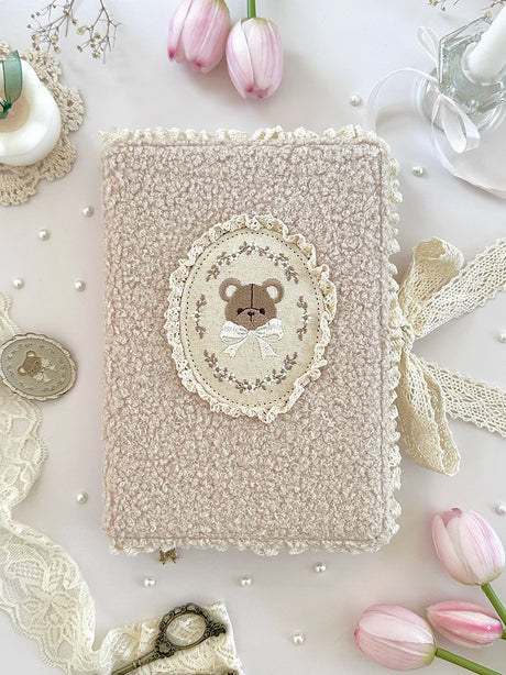 teddy bear&nbsp;notebook cover. sewn together with careful craftsmanship. cover is beige, soft, &amp; plush. it feels cozy &amp; comfy, like cuddling with a teddy bear in your pjs. lined with lace ruffles for that extra romantic touch. meant to protect your notebooks &amp; a keepsake for your beloved stationery :)

♡ size: standard B6 - around 127mm x 175mm (give or take a few mm)&nbsp;- reach out for your specific notebook! i will measure for you <3

♡ compatible with: all B6 sized leelajournals noteboo