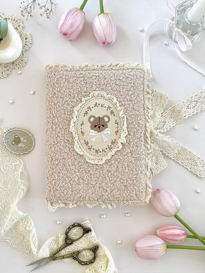 teddy bear&nbsp;notebook cover. sewn together with careful craftsmanship. cover is beige, soft, &amp; plush. it feels cozy &amp; comfy, like cuddling with a teddy bear in your pjs. lined with lace ruffles for that extra romantic touch. meant to protect your notebooks &amp; a keepsake for your beloved stationery :)

♡ size: standard B6 - around 127mm x 175mm (give or take a few mm)&nbsp;- reach out for your specific notebook! i will measure for you <3

♡ compatible with: all B6 sized leelajournals noteboo
