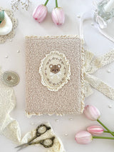 teddy bear&nbsp;notebook cover. sewn together with careful craftsmanship. cover is beige, soft, &amp; plush. it feels cozy &amp; comfy, like cuddling with a teddy bear in your pjs. lined with lace ruffles for that extra romantic touch. meant to protect your notebooks &amp; a keepsake for your beloved stationery :)

♡ size: standard B6 - around 127mm x 175mm (give or take a few mm)&nbsp;- reach out for your specific notebook! i will measure for you <3

♡ compatible with: all B6 sized leelajournals noteboo