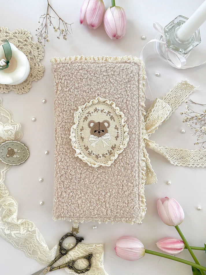 teddy bear&nbsp;notebook cover. sewn together with careful craftsmanship. cover is beige, soft, &amp; plush. it feels cozy &amp; comfy, like cuddling with a teddy bear in your pjs. lined with lace ruffles for that extra romantic touch. meant to protect your notebooks &amp; a keepsake for your beloved stationery :)

♡ size: standard B6 - around 127mm x 175mm (give or take a few mm)&nbsp;- reach out for your specific notebook! i will measure for you <3

♡ compatible with: all B6 sized leelajournals noteboo