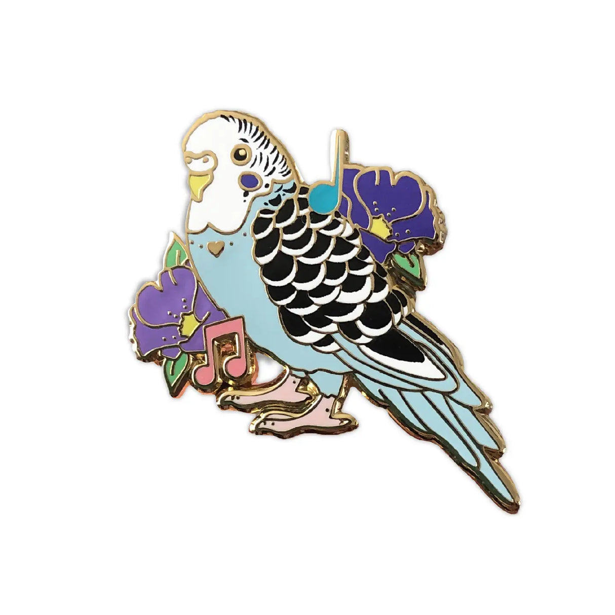 Sweet Parakeet pin for the bird and pet lover!

✦ Hard enamel
✦ Shiny gold metal
✦ 2 inches
✦ 2 Posts for extra security
✦ Rubber backings
✦ Back stamped for authenticity

Comes packaged on a backing card.