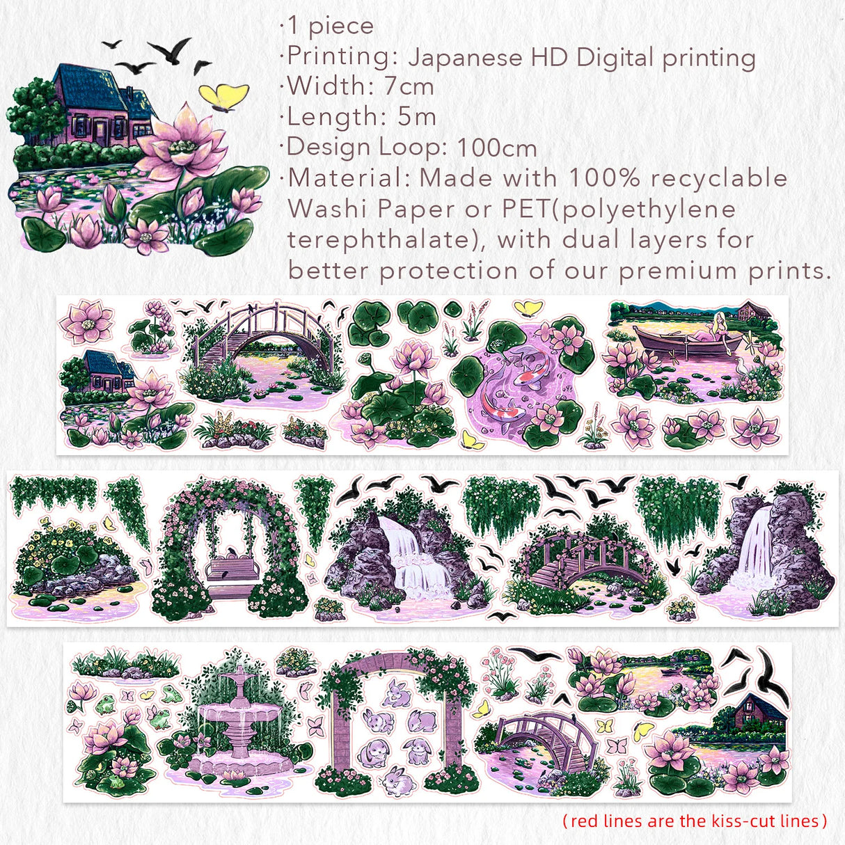 Build a world bathed in twilight magic with the Pre-cut Lotus Saga Wide Washi/PET Tape. As the sun sets, it casts a rosy spell over the entire garden, and this tape captures that exact moment of enchantment.

Brand: WT (The Washi Tape Shop)
Pre-cut Wide Washi/PET Tape
Size: 70mm×5m
Design Loop: 100cm
Material: Washi Tape / PET Clear Tape