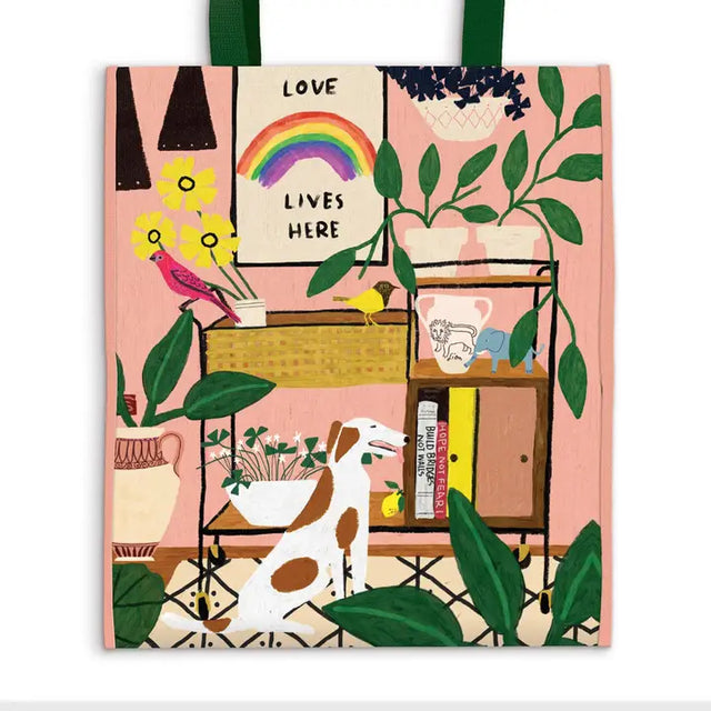 The Love Lives Here Reusable Tote features inspiring artwork and quotes, such as "Be Kind Rain or Shine", "We Go High", "Love Lives Here", and more. This tote is a great low-price alternative to single-use plastic bags.

• Size: 14.5 x 12.75 x 5.5", 368 x 324 x 140 mm
• Handle Length: 7.5", 191 mm
• Non-Woven (Recycled Plastic)
• Spot clean, do not wash
• Low-price alternative to single-use plastic bags, many areas are eliminating the use of disposable shopping bags