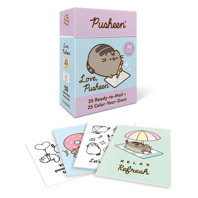 Mail from Pusheen! Brighten up family and friends mailboxes (or decorate your space) with these adorable postcards featuring artwork of everyones favorite feline, Pusheen.

Includes 50 postcards (3-3/4" x 5-1/2") of Pusheen, Stormy, Pip, Sloth, and all their friends, as well as other fun elements from Pusheens world

25 Ready-to-Mail Postcards + 25 Color-Your-Own Postcards: 25 postcards are fully illustrated with adorable scenes of Pusheen and her friends + 25 feature color-your-own designs for coloring fun