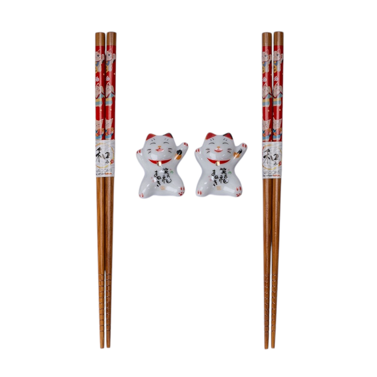 Lucky Cat Neko 2 Pair Chopsticks and Chopsticks Rests

This adorable box set includes 2 sets of matching chopsticks and chopstick rests.&nbsp;

Size: 9 inch chopsticks, 2.25 inches W chopsticks rest
Material: Bamboo and Ceramic
Origin: China