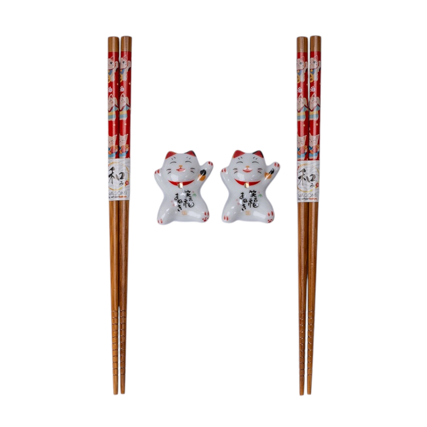Lucky Cat Neko 2 Pair Chopsticks and Chopsticks Rests

This adorable box set includes 2 sets of matching chopsticks and chopstick rests.&nbsp;

Size: 9 inch chopsticks, 2.25 inches W chopsticks rest
Material: Bamboo and Ceramic
Origin: China