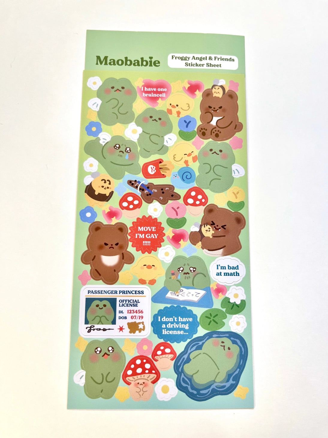As Maobabie, we present our Sticker Sheet - Froggy Angel &amp; Friends, crafted with love by our indie artist, Jennie. Printed on matte vinyl paper, this sheet measures 210mmx170mm, making it an ideal size for decorating your phone, laptop, or any other surface. Get ready to experience our cute and soft illustrations, bringing a touch of charm to your everyday items. With Maobabie, it's all about adding a dash of whimsy to your world.

Includes one (1) sticker sheet