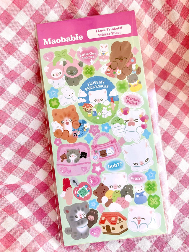 As Maobabie, we present our Sticker Sheet -&nbsp;I Love Trinkets, crafted with love by our indie artist, Jennie. Printed on matte vinyl paper, this sheet measures 210mmx170mm, making it an ideal size for decorating your phone, laptop, or any other surface. Get ready to experience our cute and soft illustrations, bringing a touch of charm to your everyday items. With Maobabie, it's all about adding a dash of whimsy to your world.

Includes one (1) sticker sheet